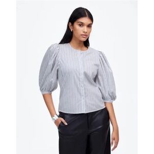 Madewell Puff Sleeve Button Up Striped Top Blue White Size‎ 0 NWT NT779